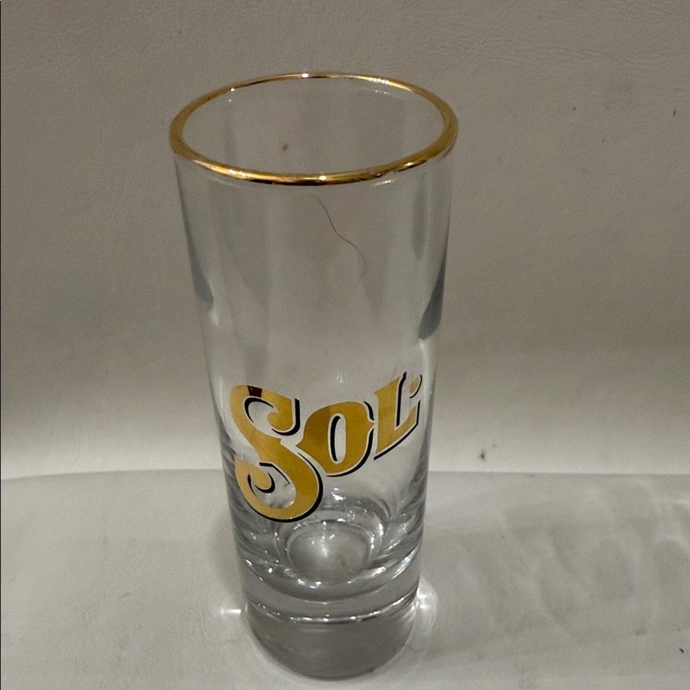 Sol Tequila Gold Rim 4 Oz Clear Shot Glass Gold Trim 4 1/4 In Tall 1 1/2 Round